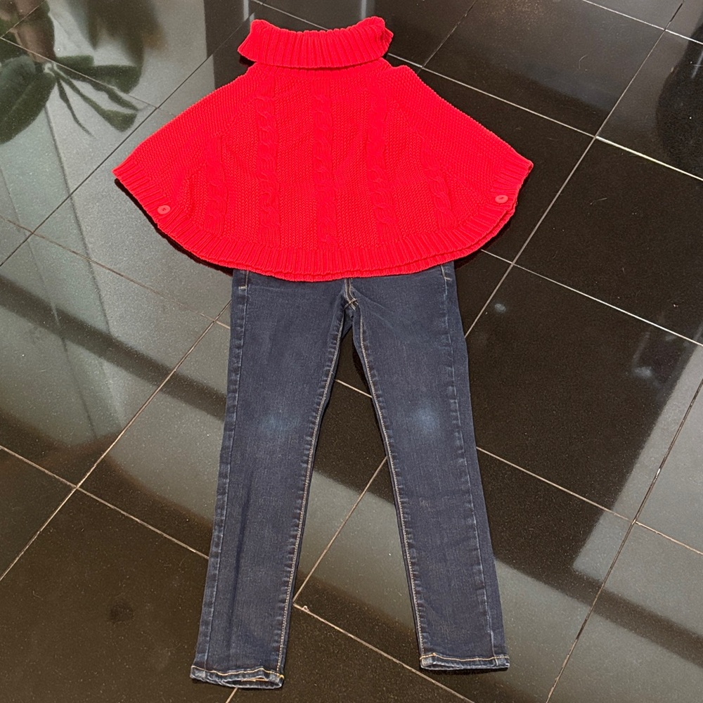 Red Turtleneck Poncho with Blue Jeans